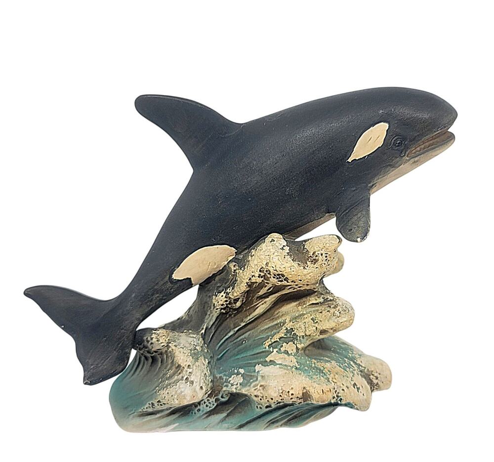Vtg UCTCI Japan Killer Whale Ceramic Bisque Figurine Jumping Wave 5.5"x5" GRS